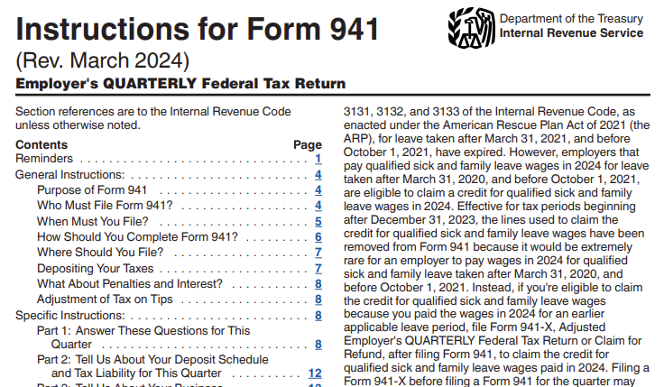 Form 941 instructions
