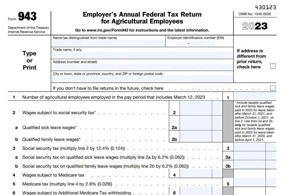 IRS Form 943 for 2023