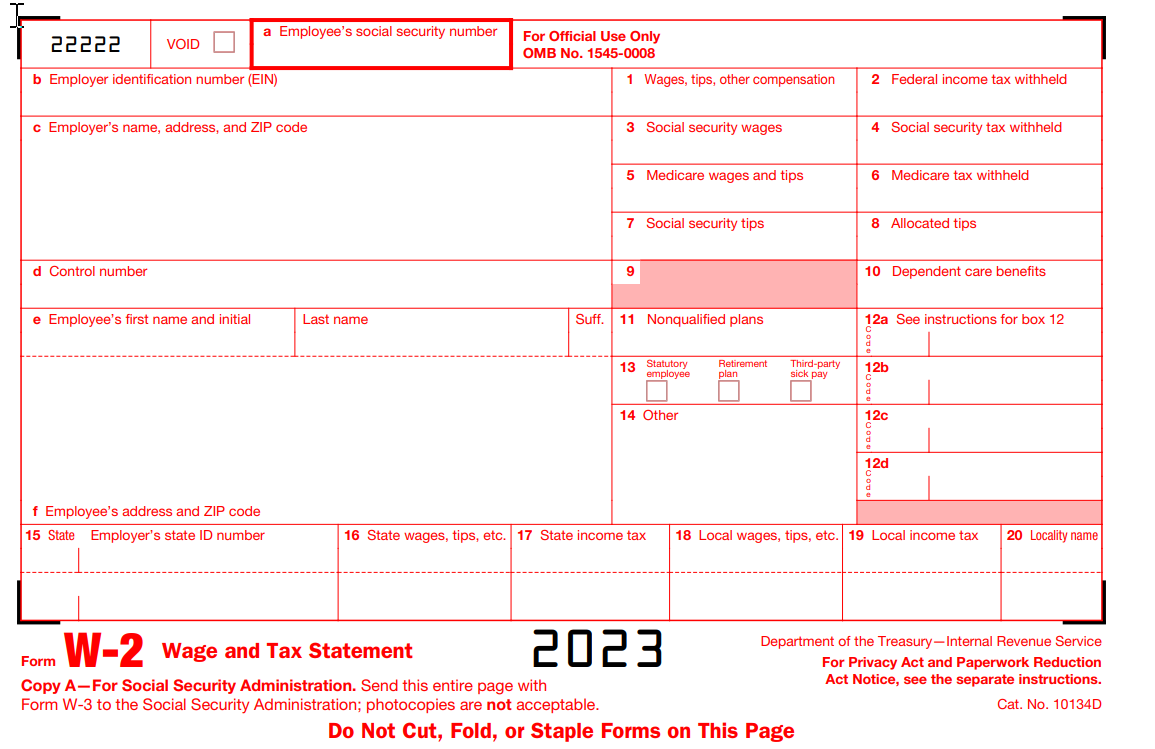 IRS Form W2 for the 2023 Tax Year
