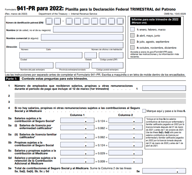 IRS Form 941 PR for 2022
