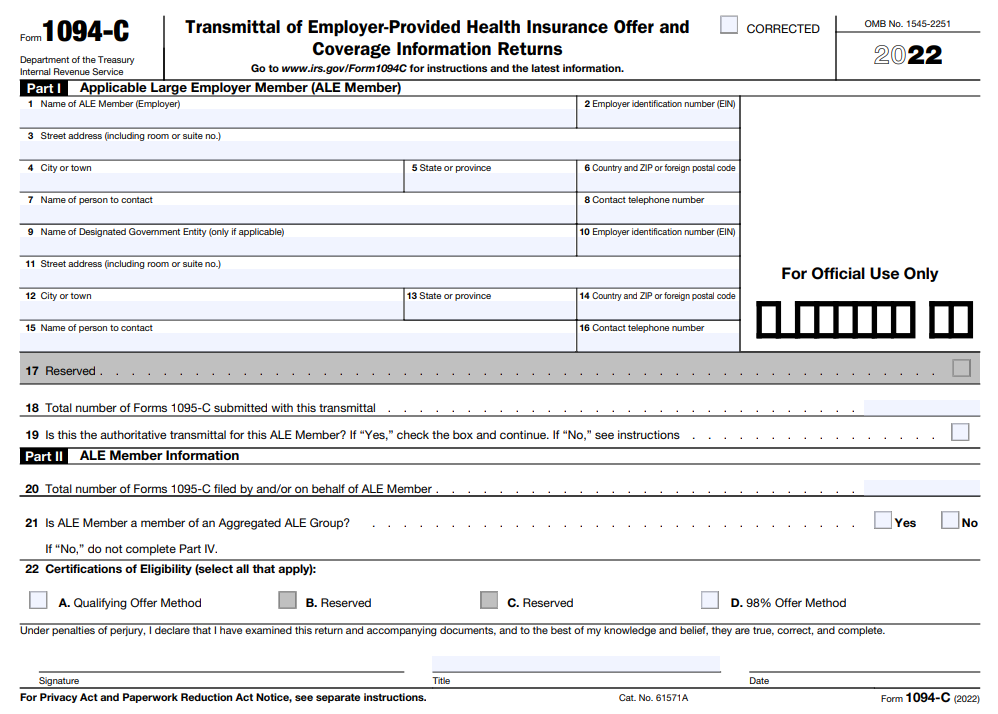IRS Form 1094C for 2022 Form 1094C Electronic Filing