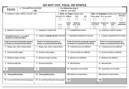 8 FORMS W-2C IRS Corrected Wage/Tax Statement & 3= W-3C Transmittal Forms 