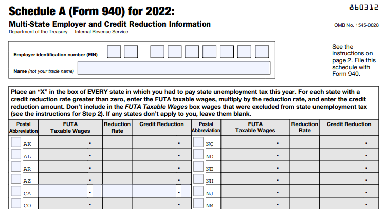 Schedule A (Form 940) | Credit Reduction Information for 2022