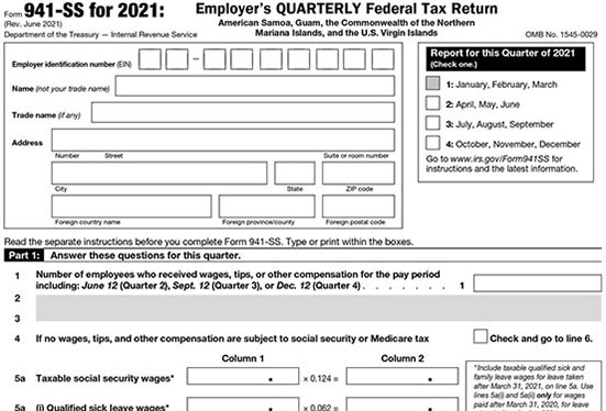 IRS Form 941 SS for 2021