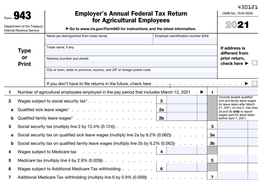 IRS Form 943 for 2021