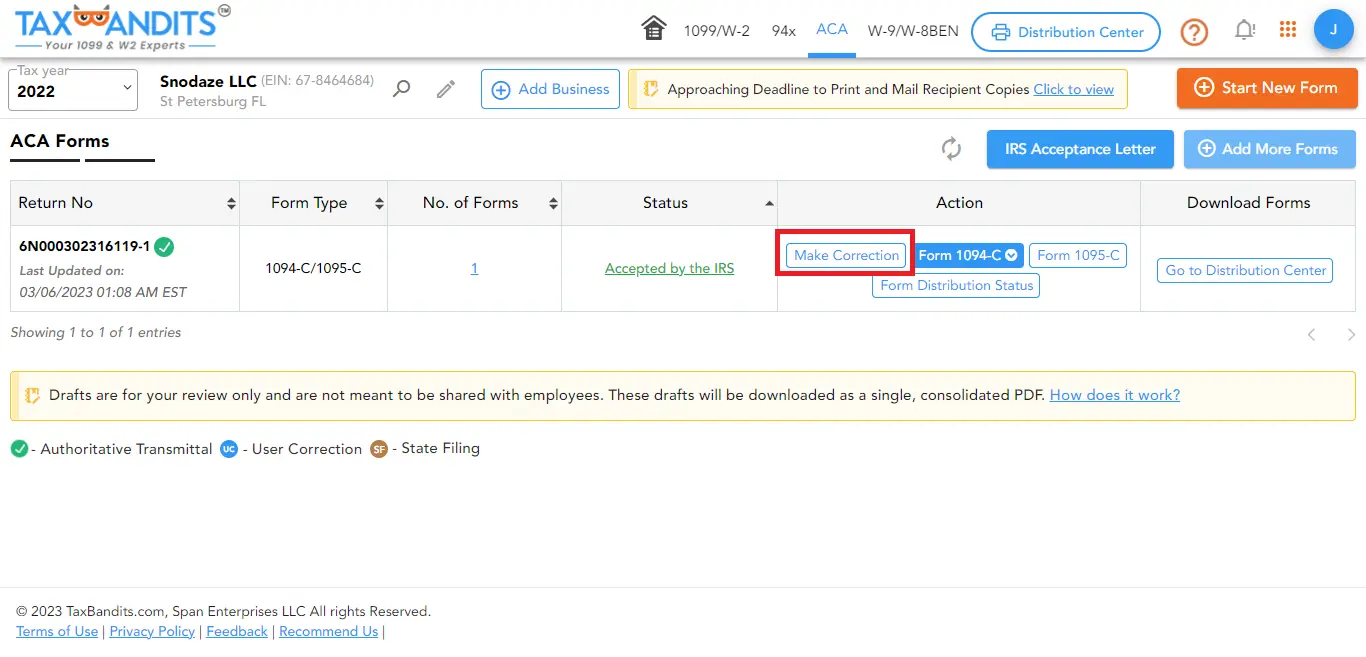 Make Correction” from ACA Dashboard