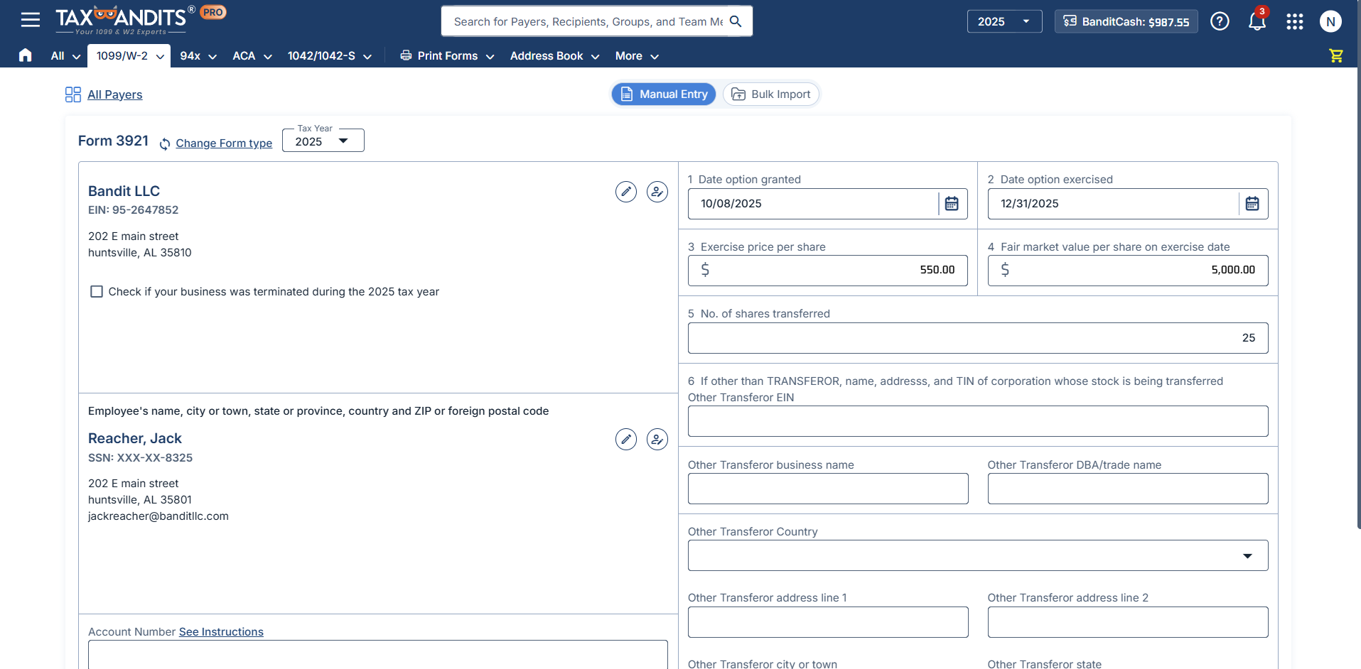  Enter Form 3921 Details