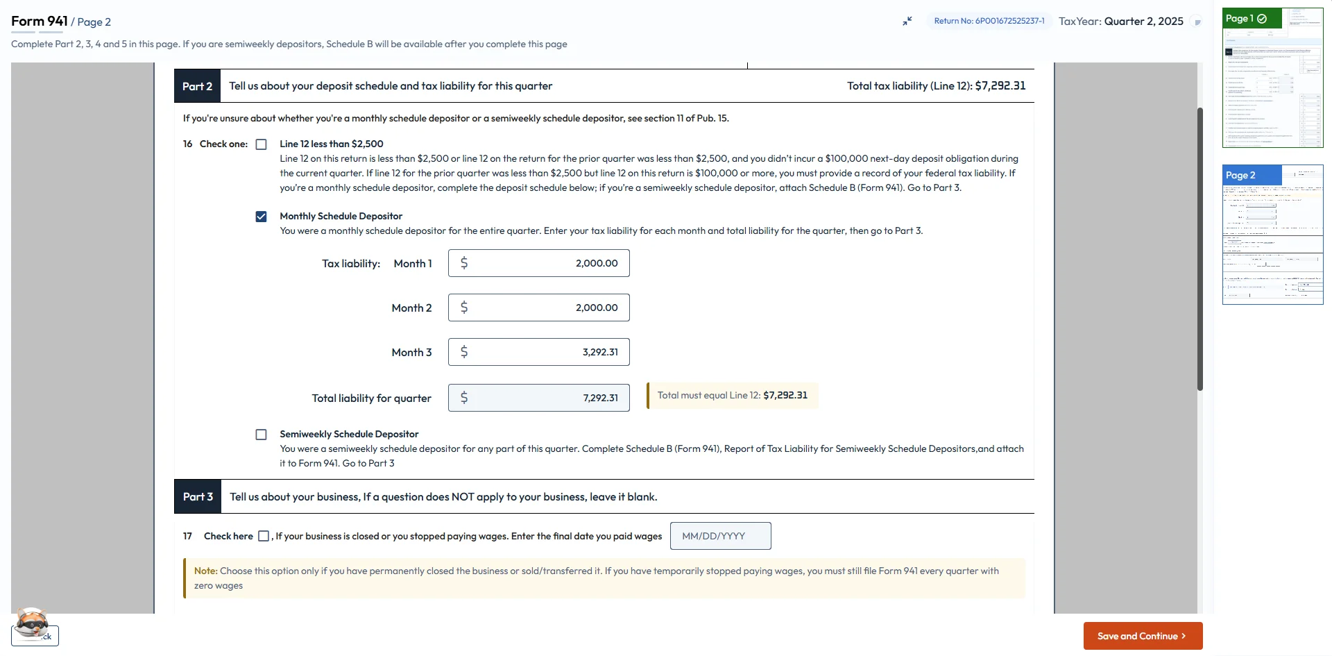 Enter Deposit Schedule and Tax Liability