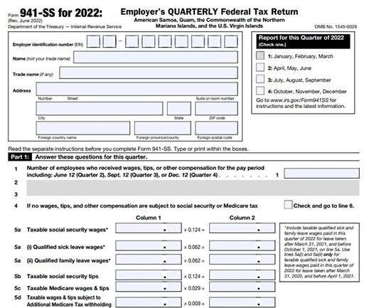 IRS Form 941 SS for 2022