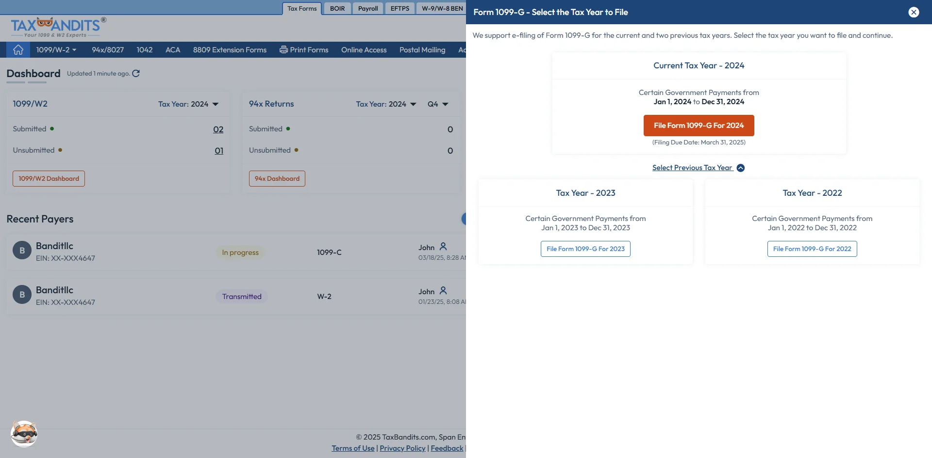 Select the Tax Year