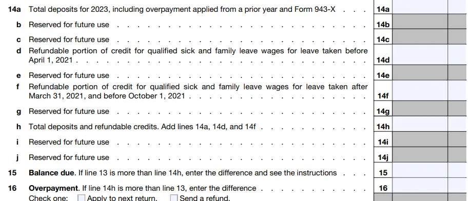 2023 Form 943 Instructions - Line 14a to 16