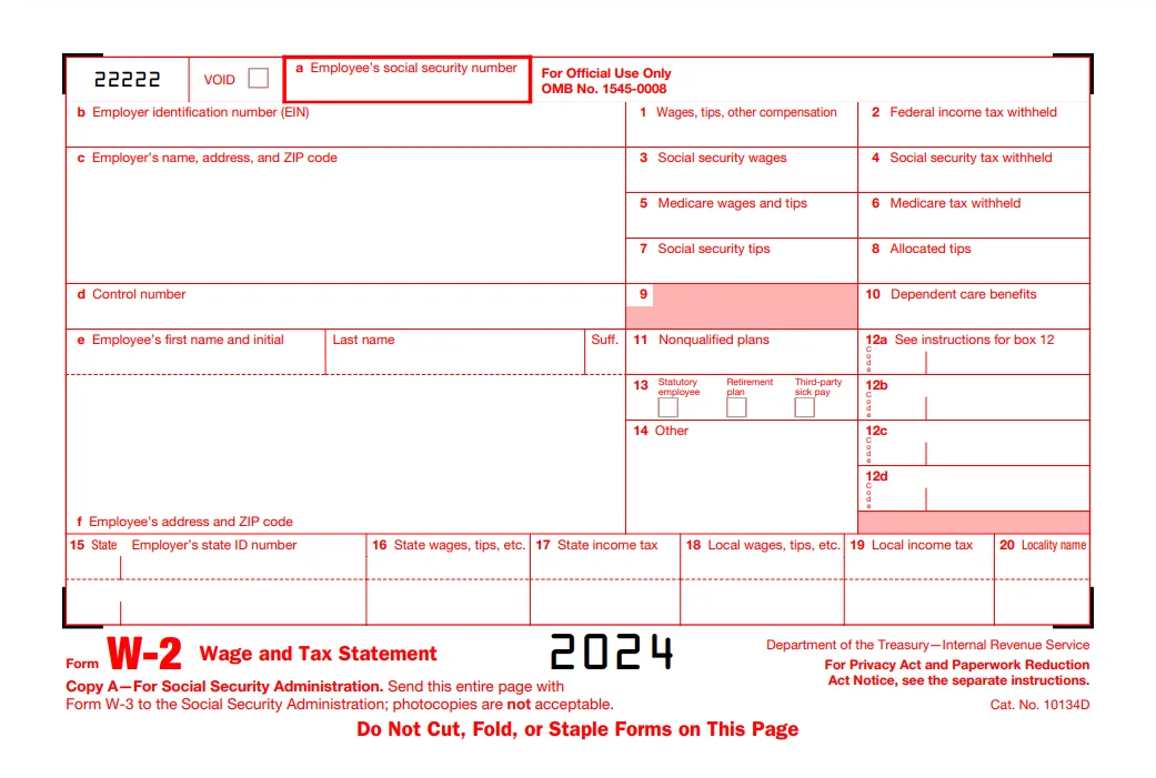 Printable & Fillable W-2 form