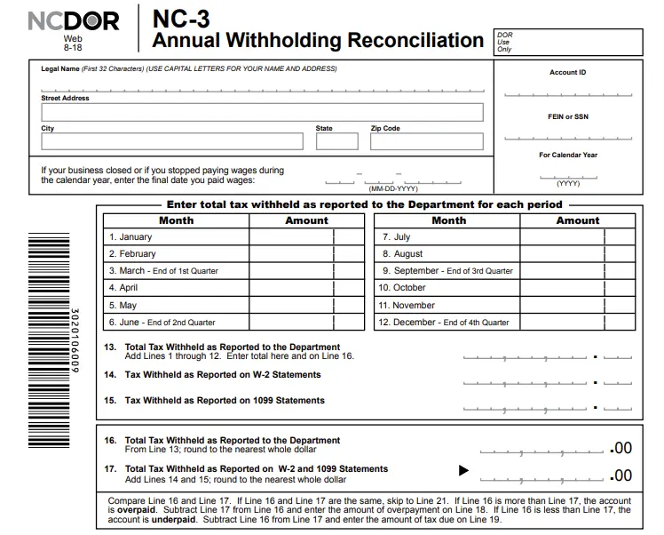 North Carolina Annual Reconciliation Form A-3