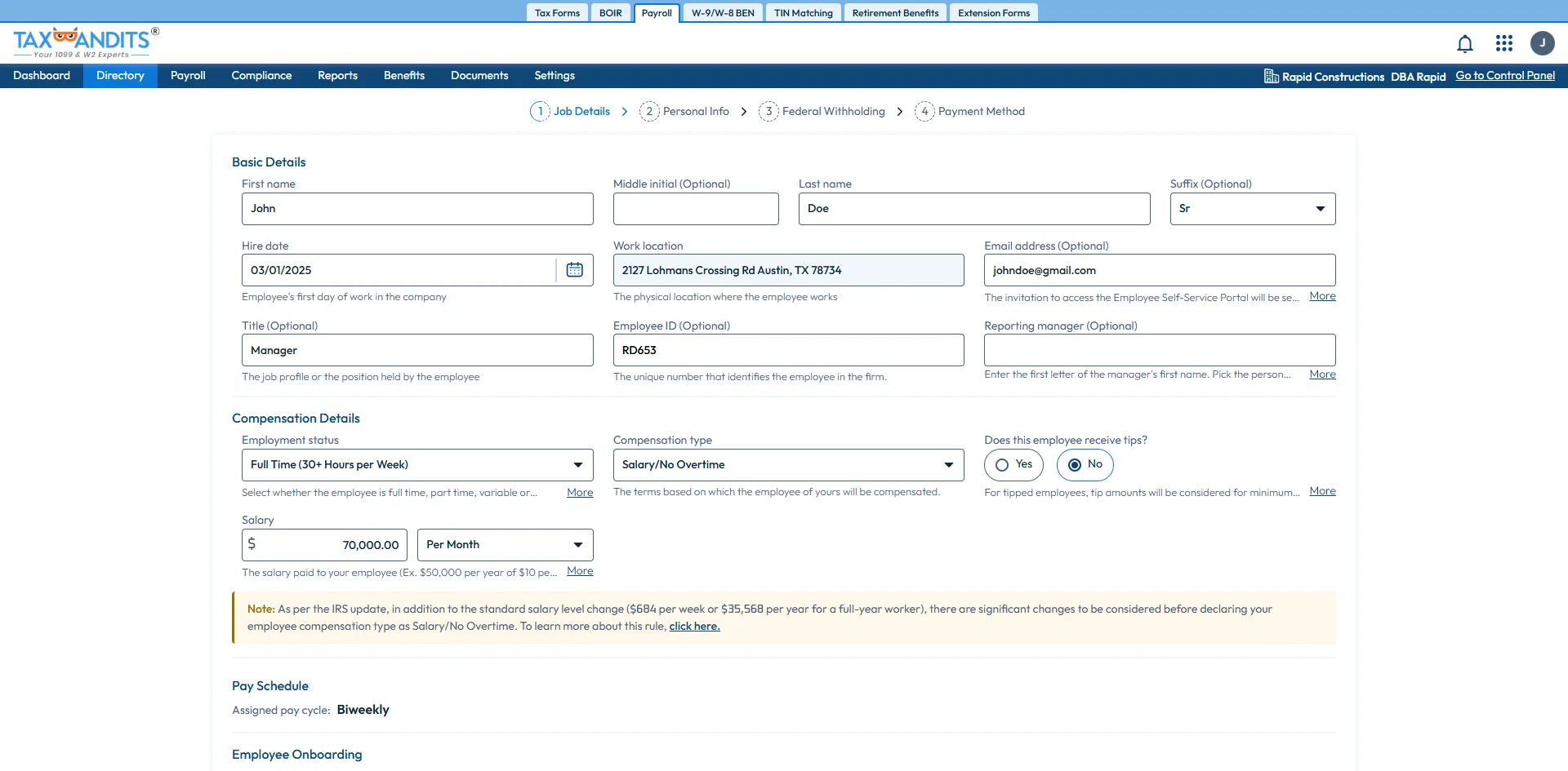 Add Employee or Contractor Job Details