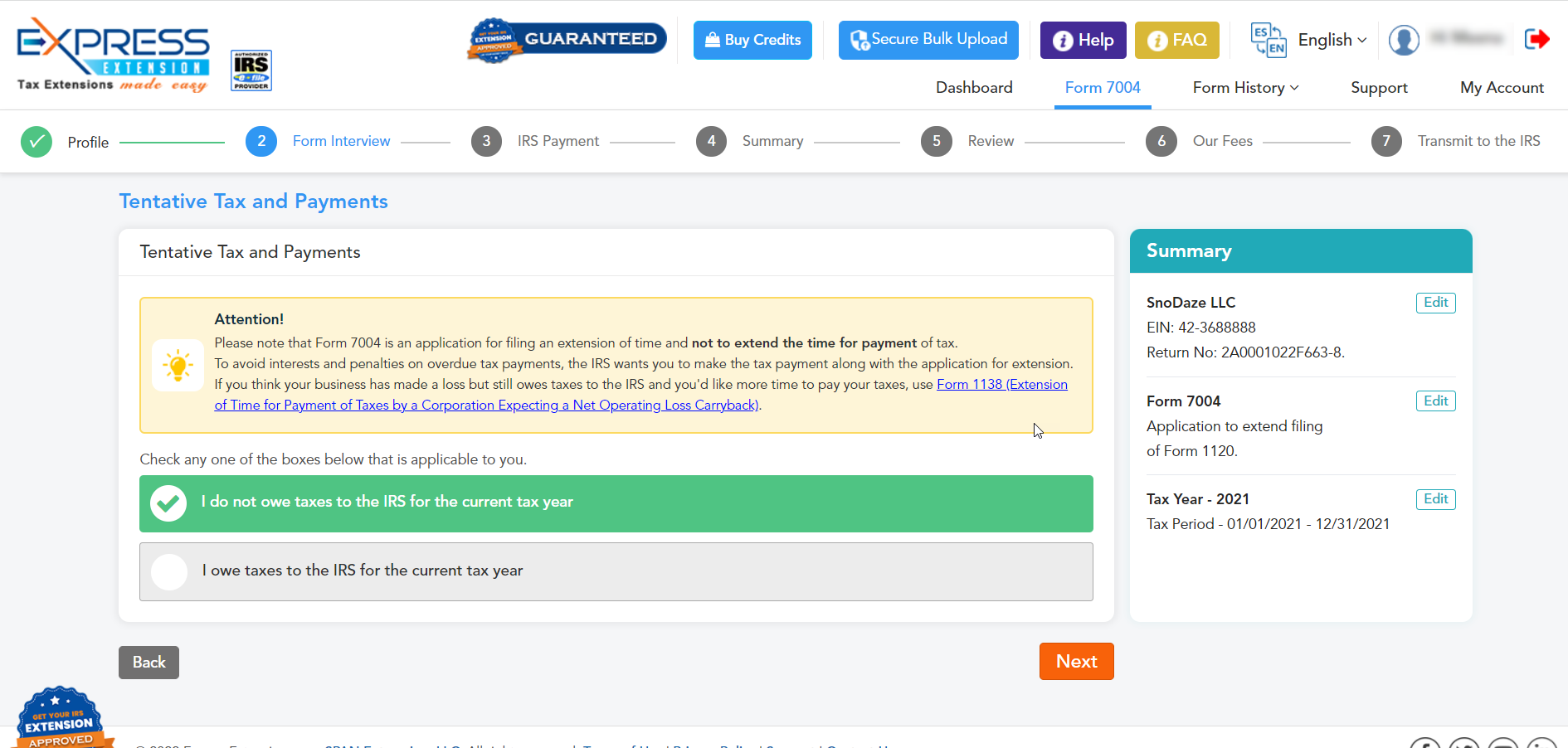EFile IRS Form 7004 Business Tax Extension Form 7004 Online