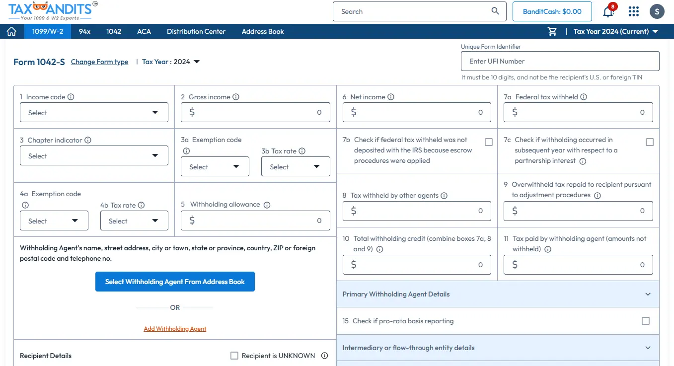 Enter 1042-S Form Information