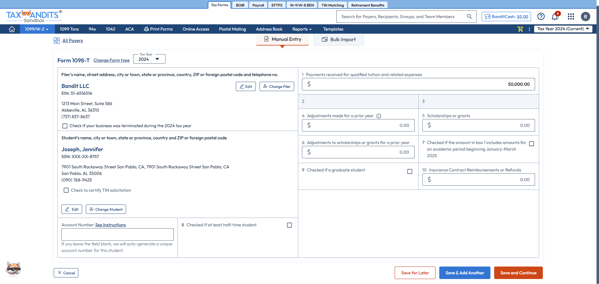 Enter Form 1098 -T Information