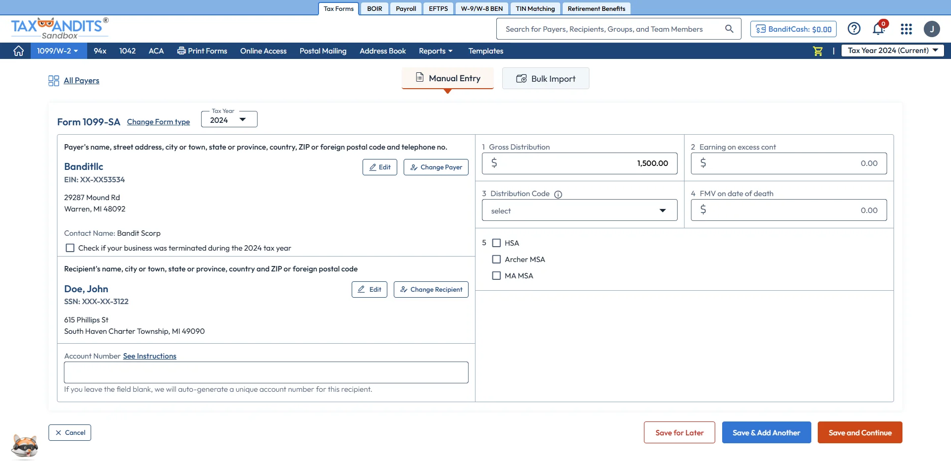 Enter Form 1099-SA Information