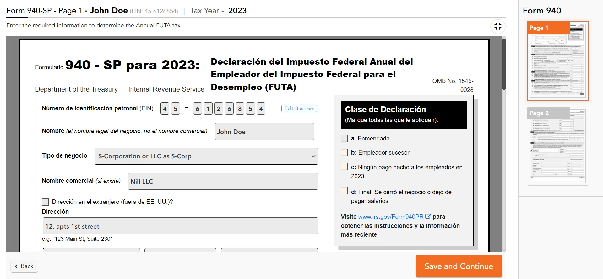 Ingrese la información fiscal de FUTA