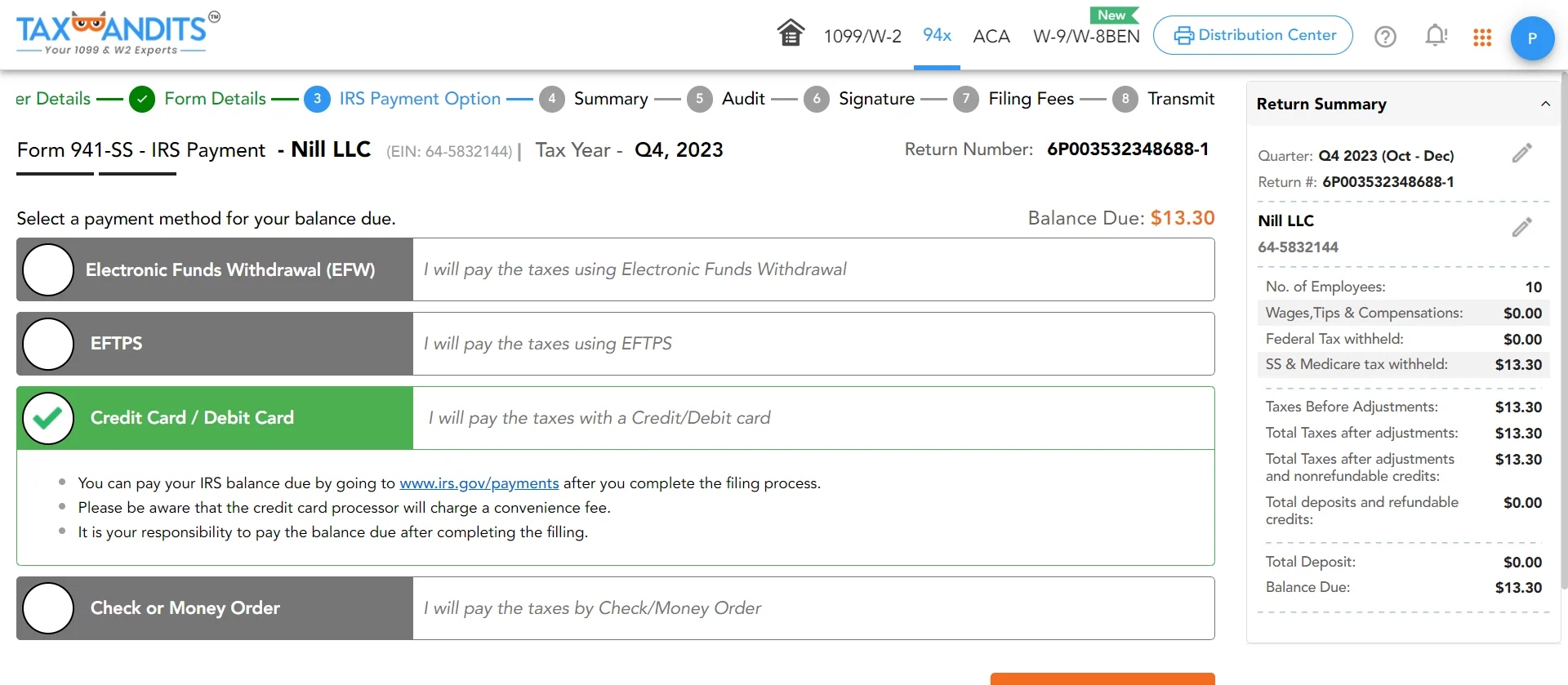 Enter Deposit Schedule & Tax Liability