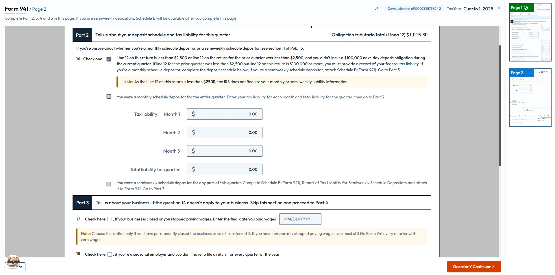 Enter deposit schedules and tax liability