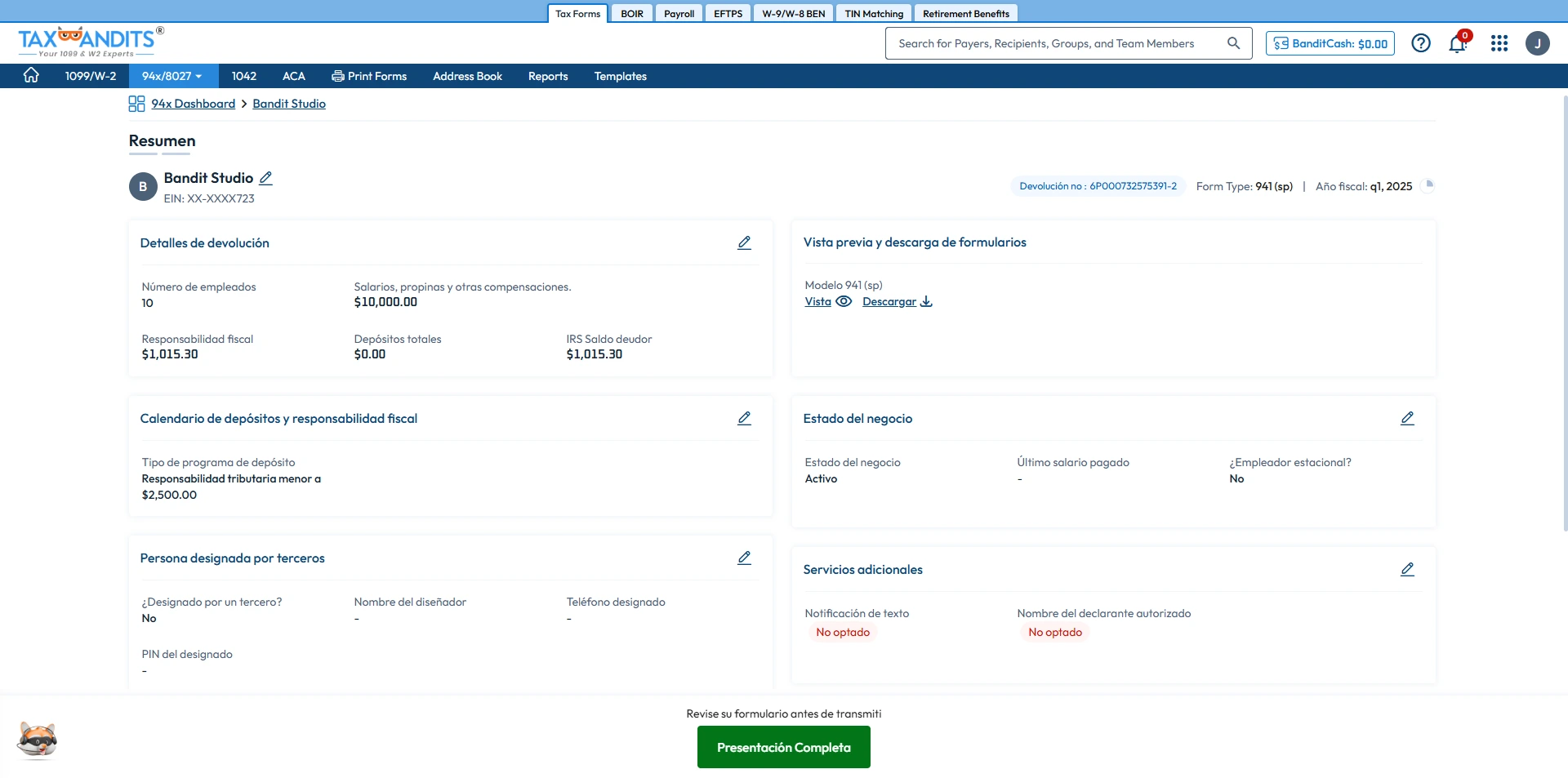 Transmit your Form 941 SP to the IRS