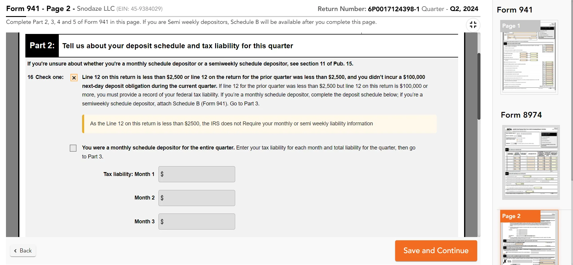 Enter Deposit Schedule & Tax Liability