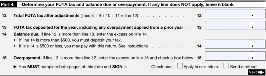 Determine the FUTA tax and the balance due or overpayment