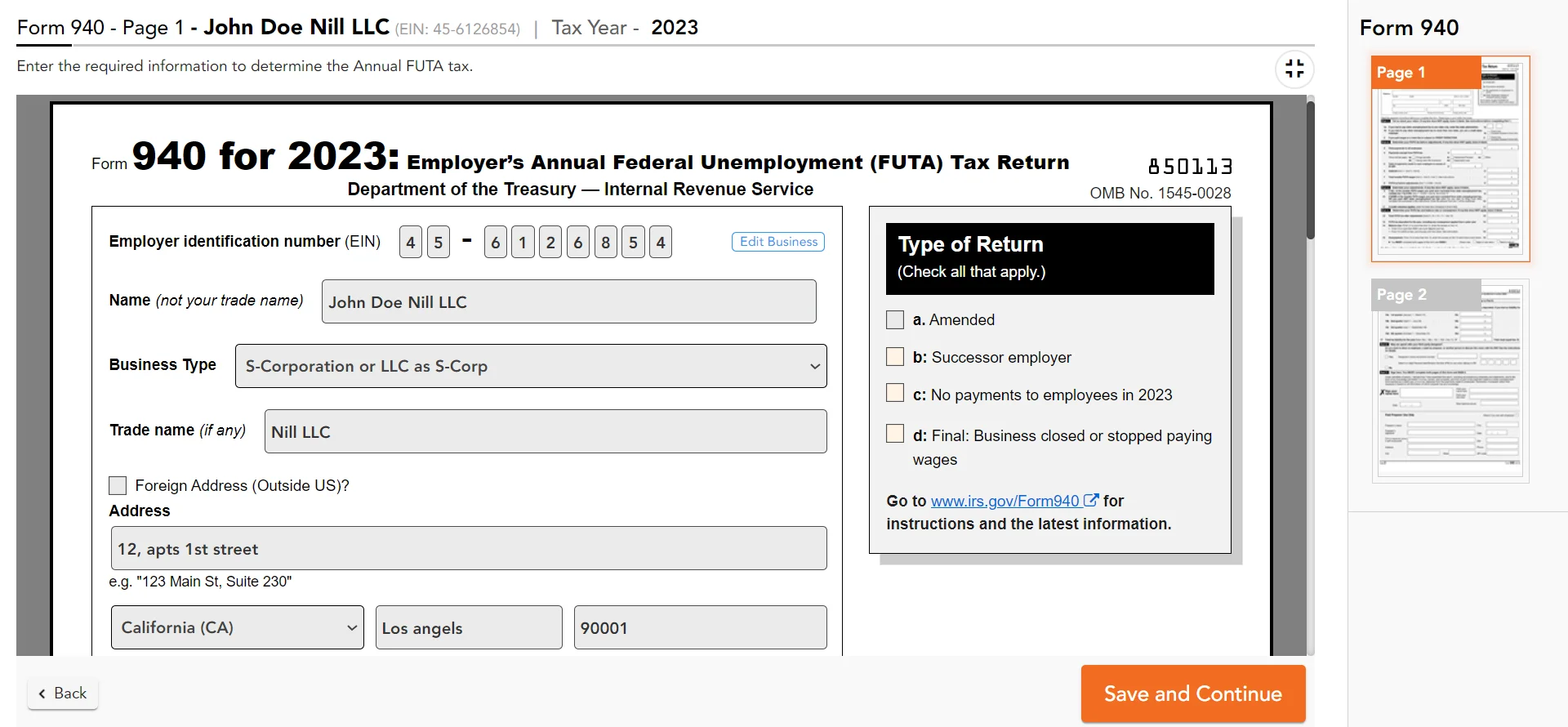 Enter Form 940 details