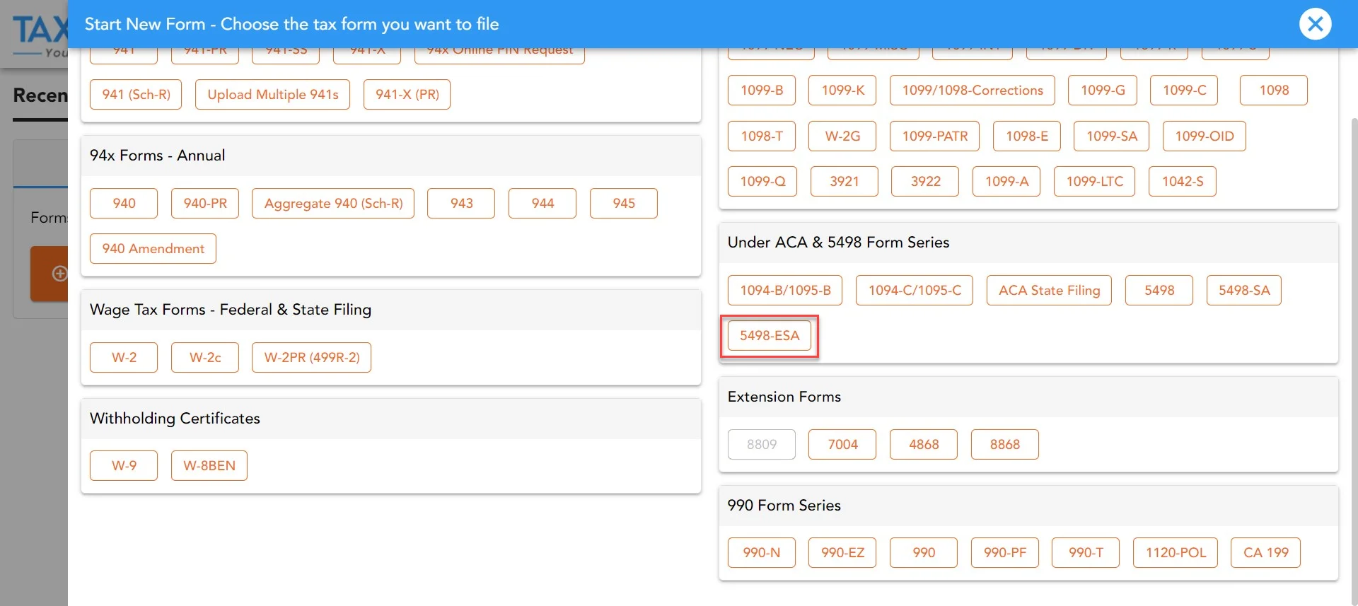 Select “Form 5498-ESA”