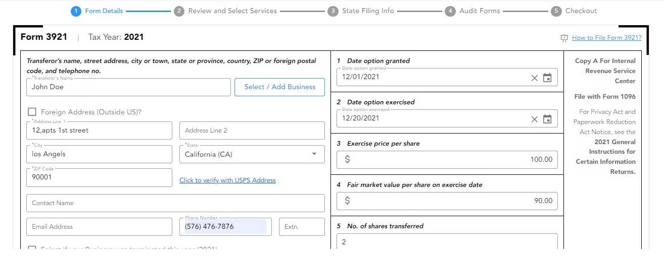 Enter Form 3921 Information