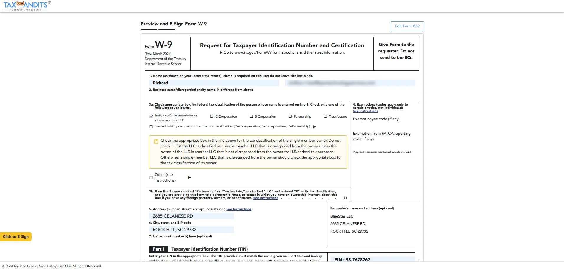 W-9 Completion and E-sign